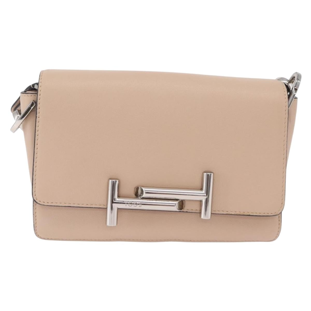 TOD'S Shoulder Bag Leather Beige Silver Auth BA15833V
