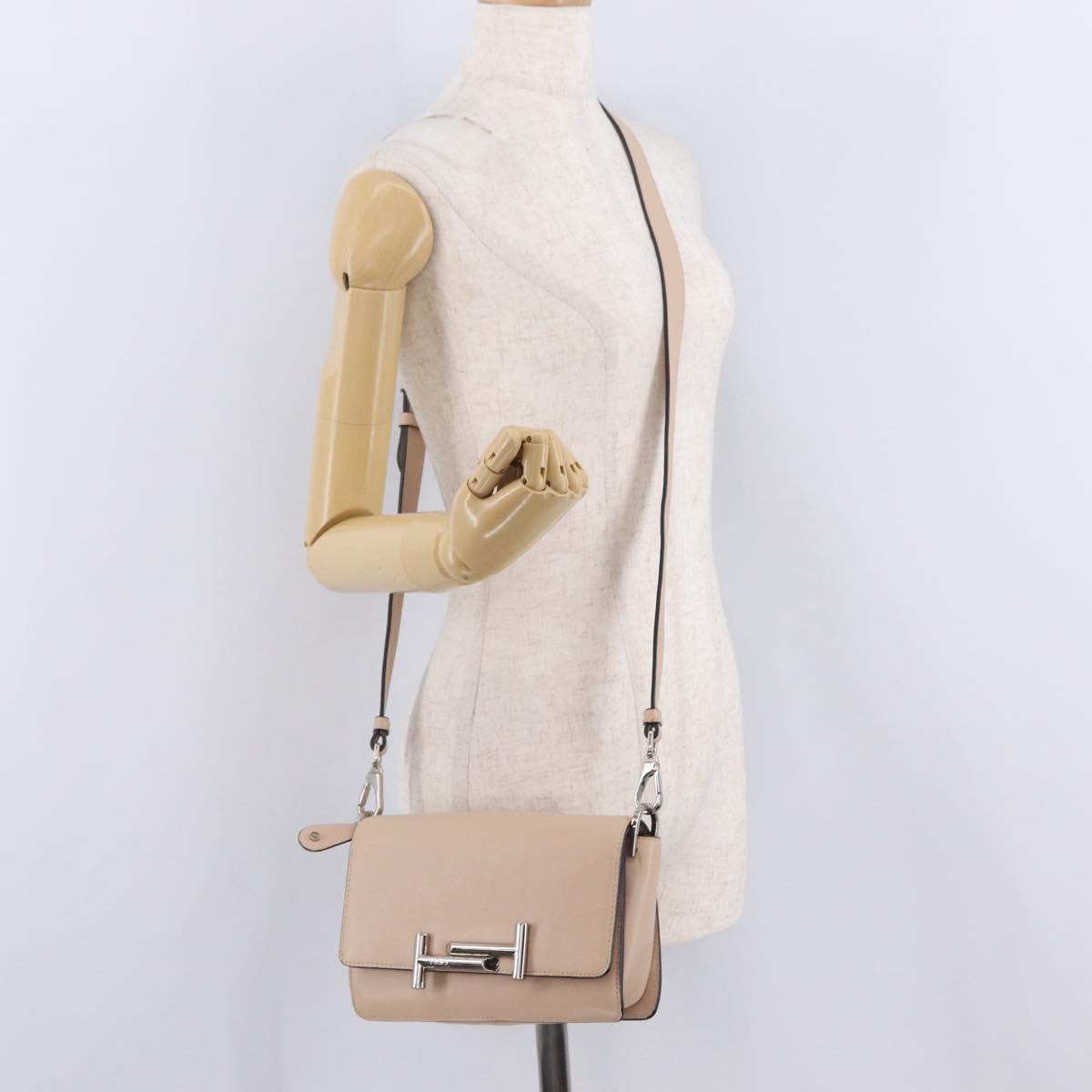TOD'S Shoulder Bag Leather Beige Silver Auth BA15833V