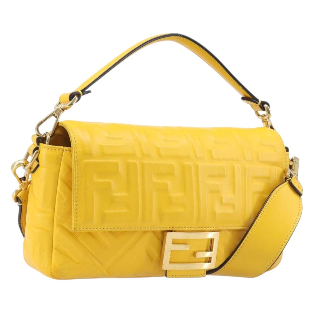 FENDI Zucca Canvas Mamma Baguette Bag Leather 2way Yellow 8BR600 Auth BA15839V