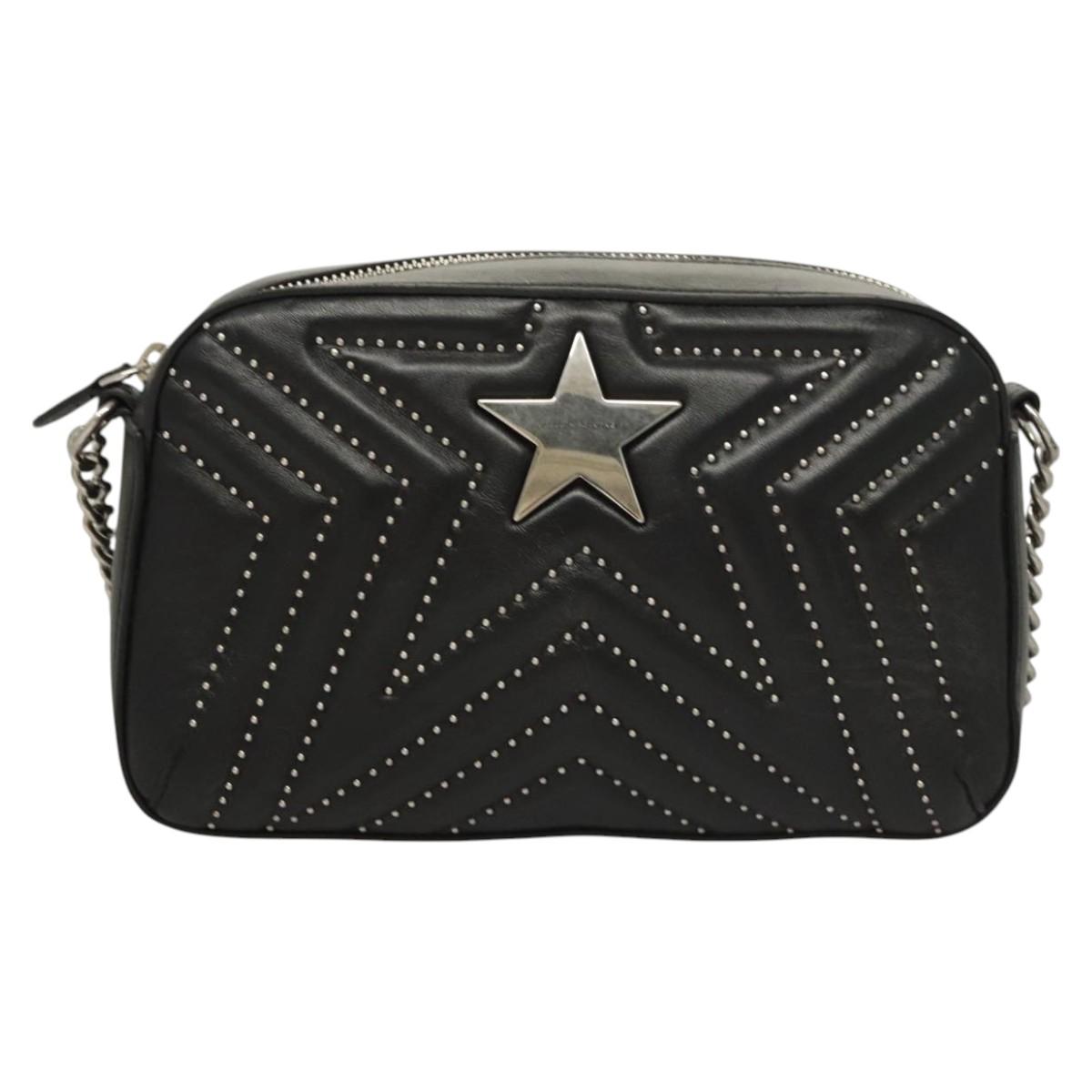 Stella MacCartney Star Chain Shoulder Bag Leather Black Silver Auth BA1584