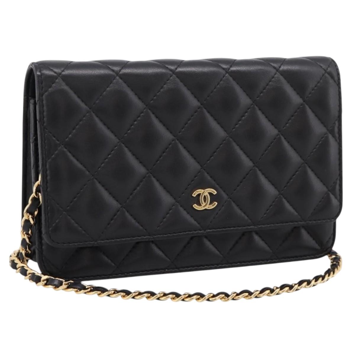 CHANEL Matelasse Chain Shoulder Wallet Lamb Skin Black Gold CC Auth BA15844SAM