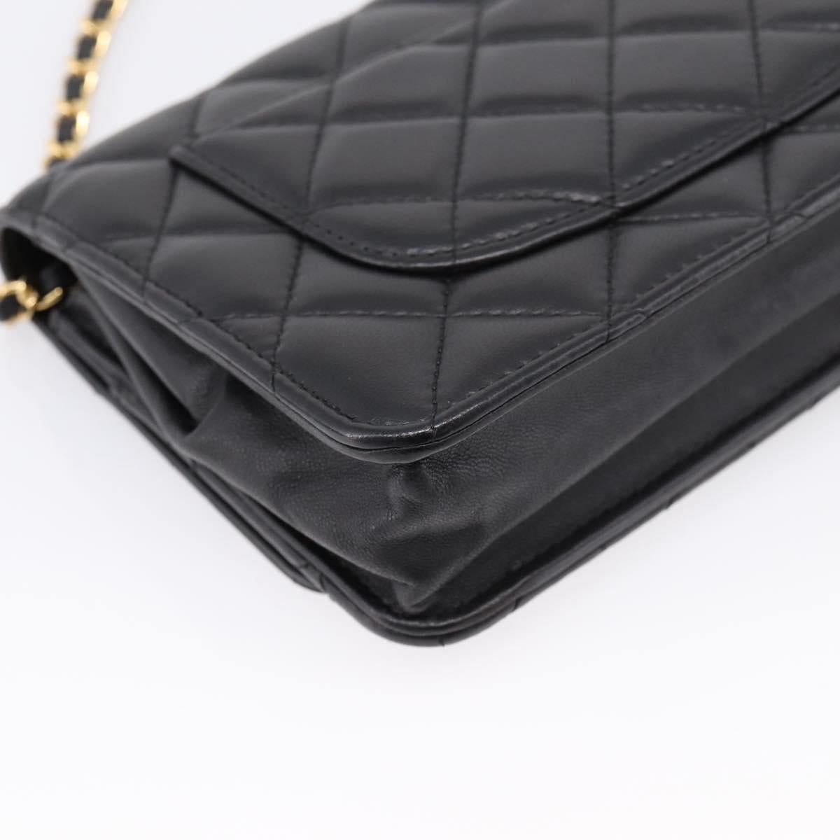 CHANEL Matelasse Chain Shoulder Wallet Lamb Skin Black Gold CC Auth BA15844SAM