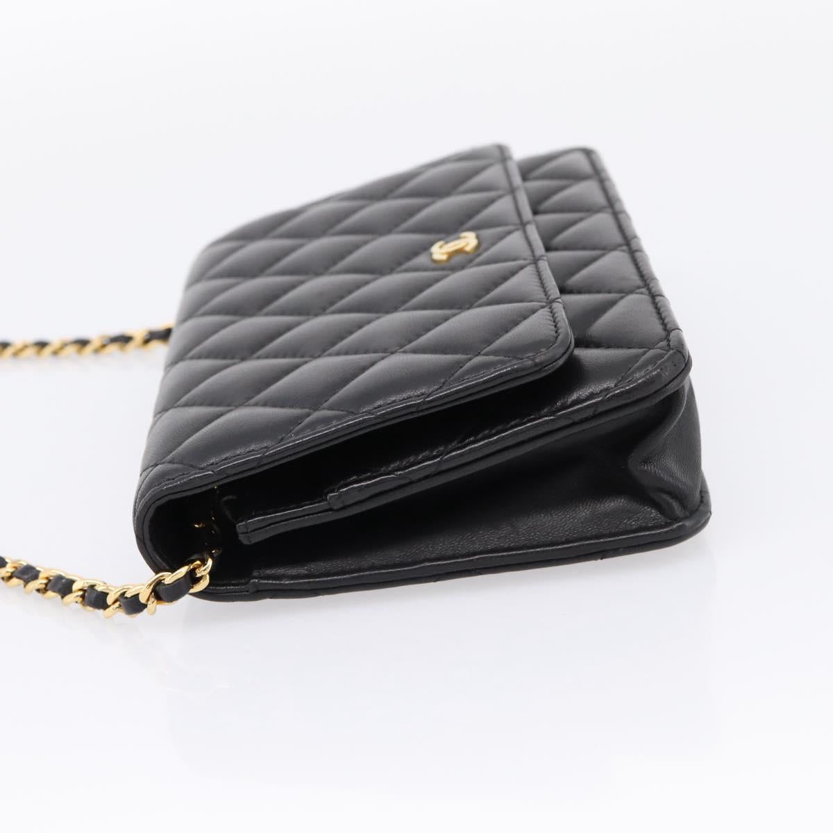 CHANEL Matelasse Chain Shoulder Wallet Lamb Skin Black Gold CC Auth BA15844SAM
