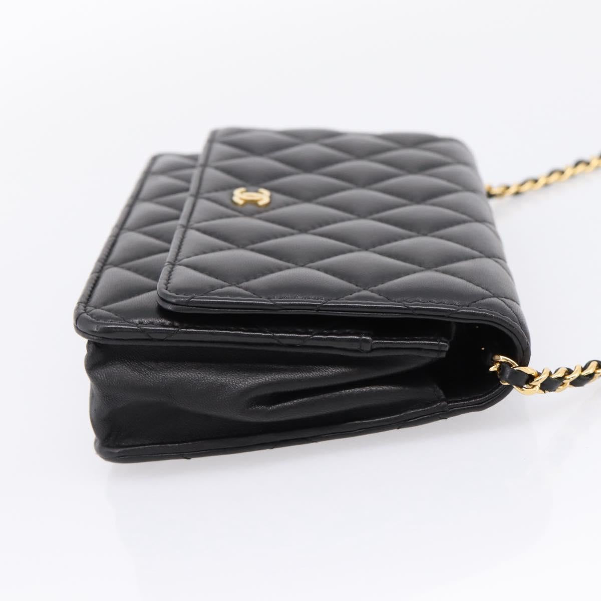 CHANEL Matelasse Chain Shoulder Wallet Lamb Skin Black Gold CC Auth BA15844SAM