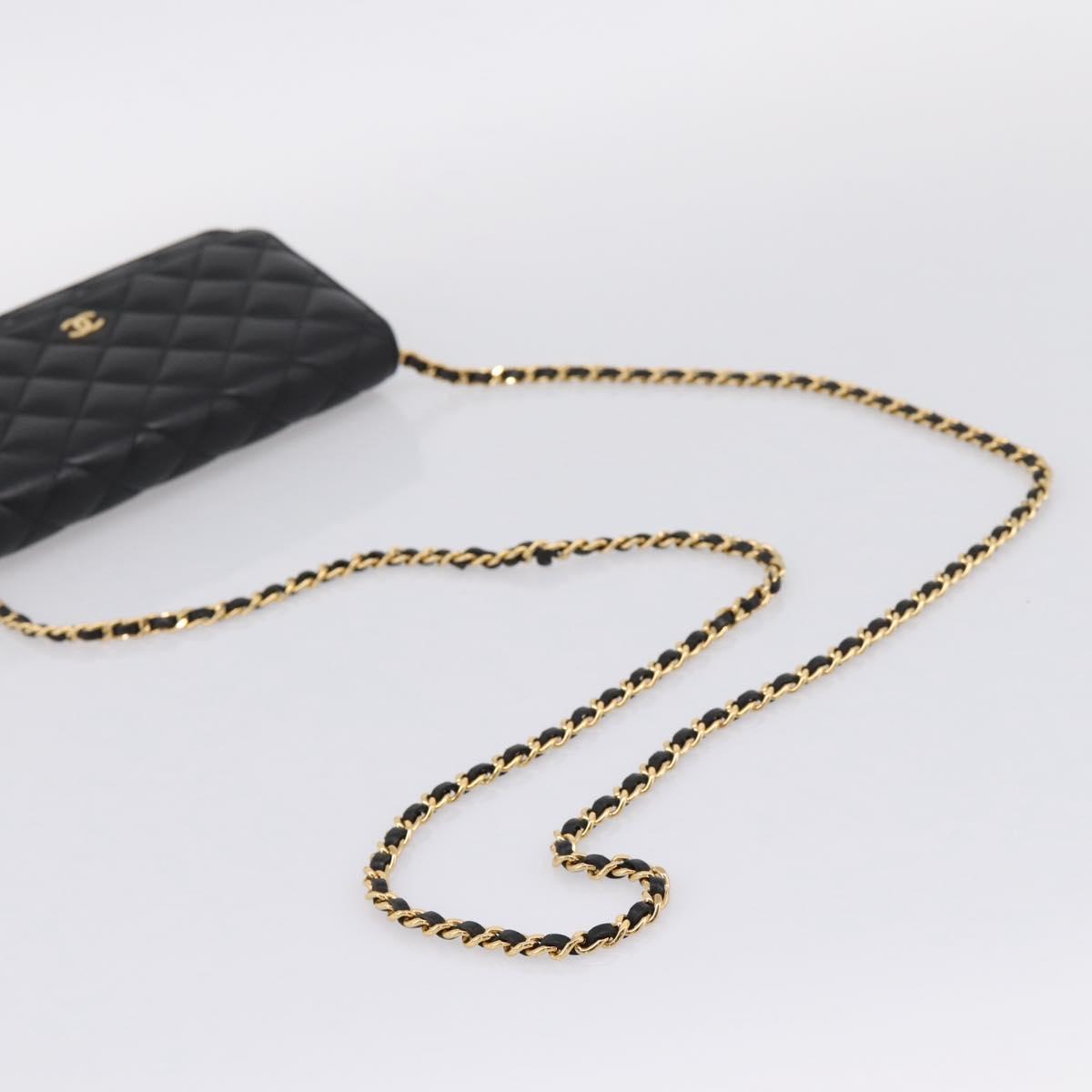 CHANEL Matelasse Chain Shoulder Wallet Lamb Skin Black Gold CC Auth BA15844SAM