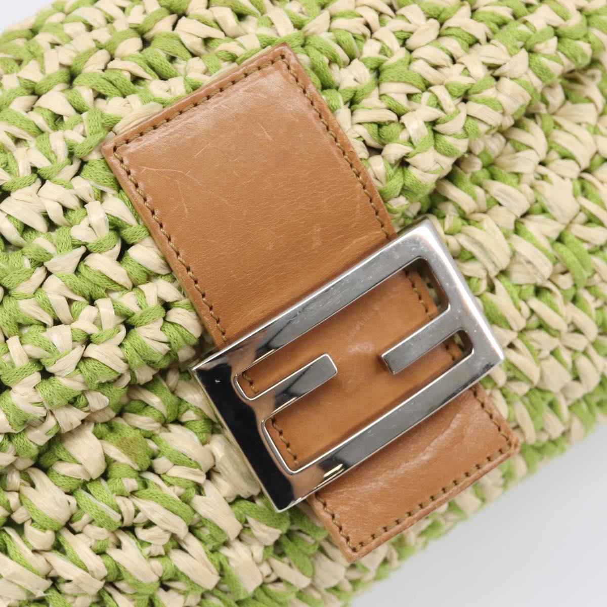 FENDI Mamma Baguette Shoulder Bag straw Green Silver Auth BA15846SAV