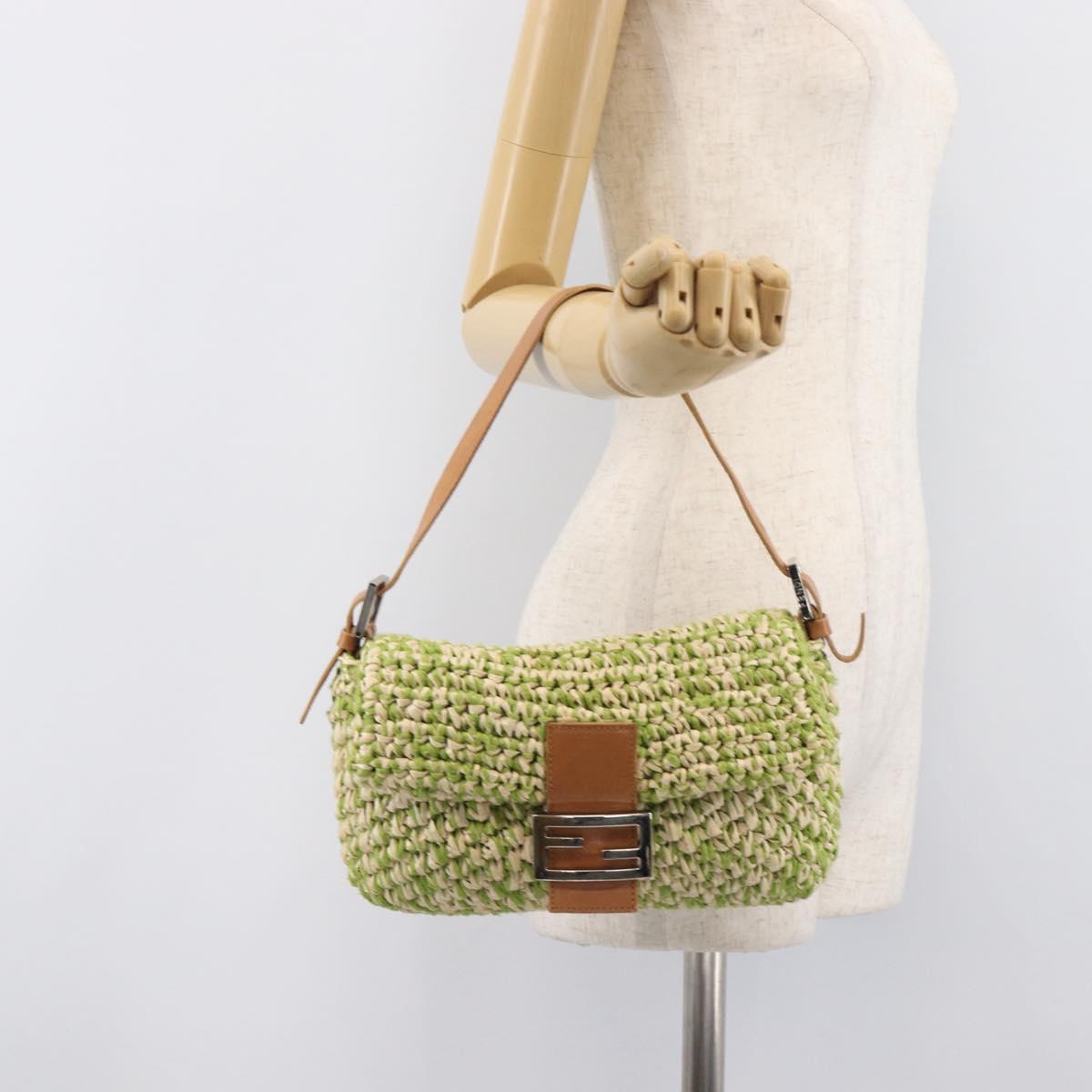 FENDI Mamma Baguette Shoulder Bag straw Green Silver Auth BA15846SAV