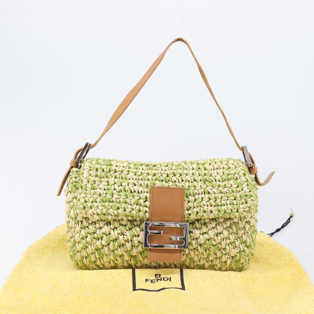 FENDI Mamma Baguette Shoulder Bag straw Green Silver Auth BA15846SAV