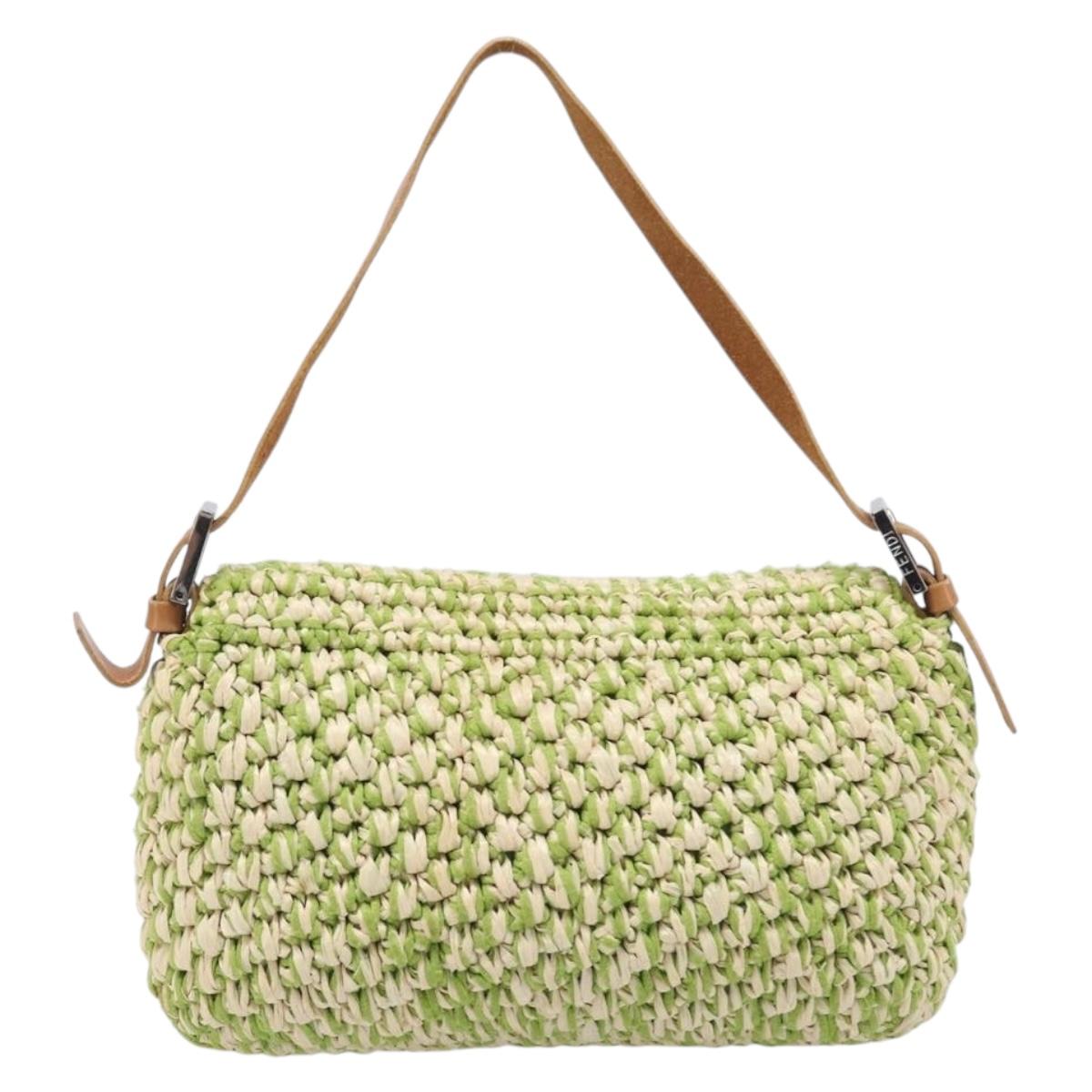 FENDI Mamma Baguette Shoulder Bag straw Green Silver Auth BA15846SAV
