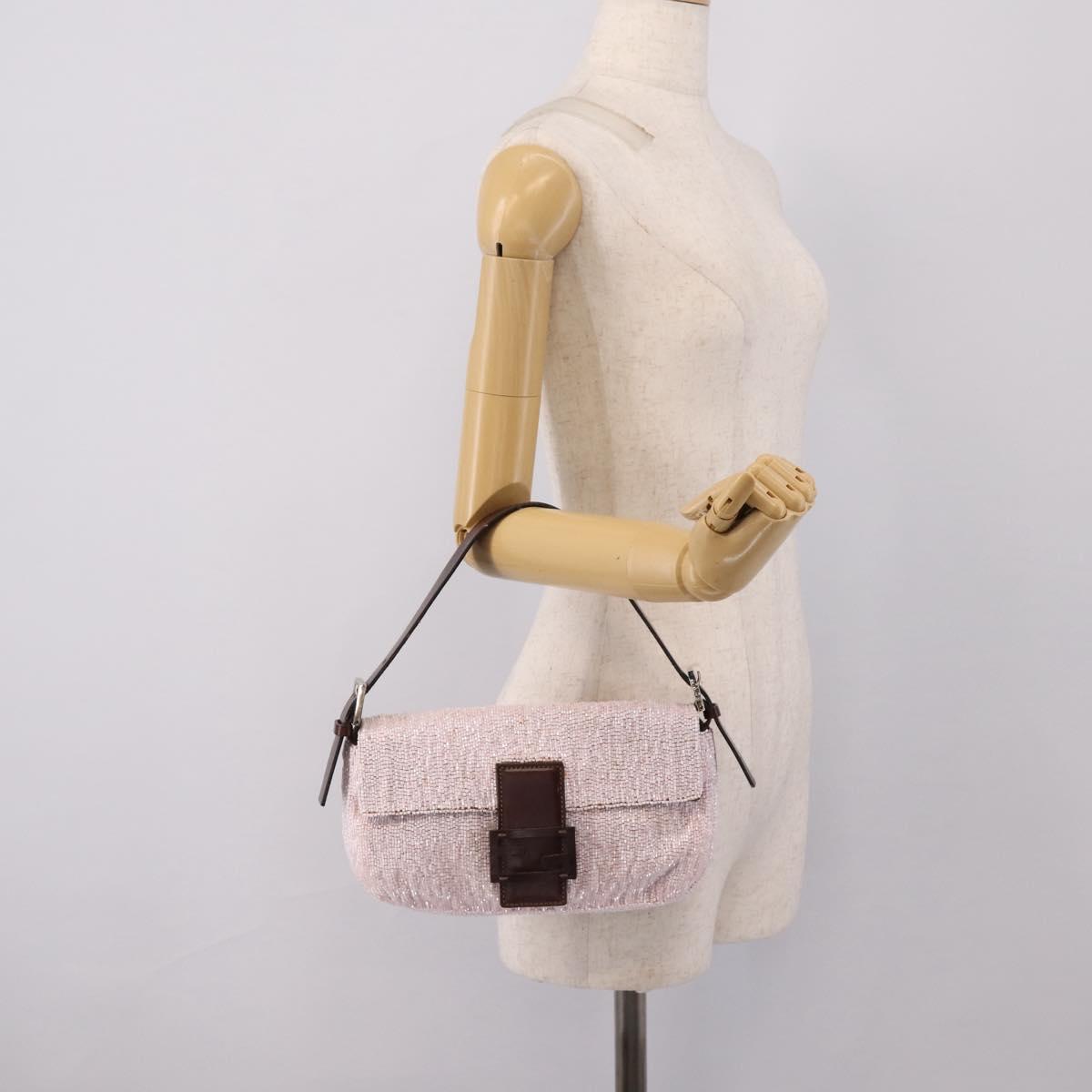 FENDI Mamma Baguette Shoulder Bag Beads Pink Silver Auth BA15851SAV