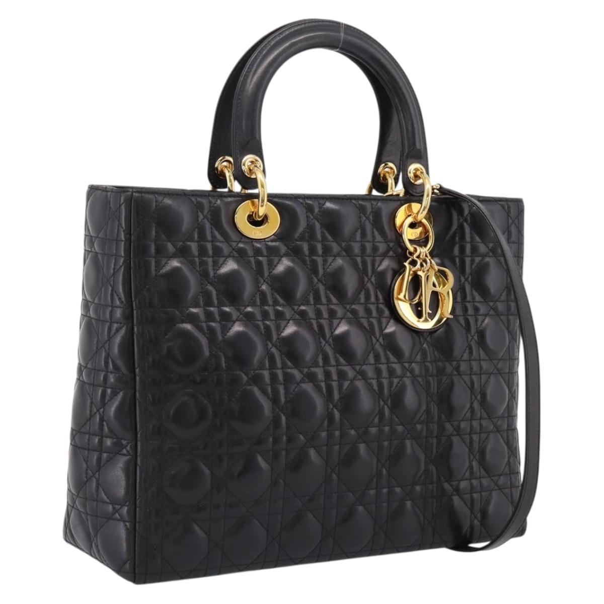 Christian Dior Canage Lady Dior Hand Bag Lamb Skin 2way Black Gold Auth BA15853A