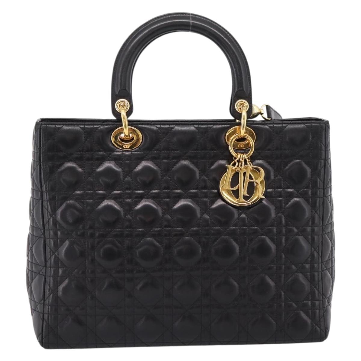 Christian Dior Canage Lady Dior Hand Bag Lamb Skin 2way Black Gold Auth BA15853A