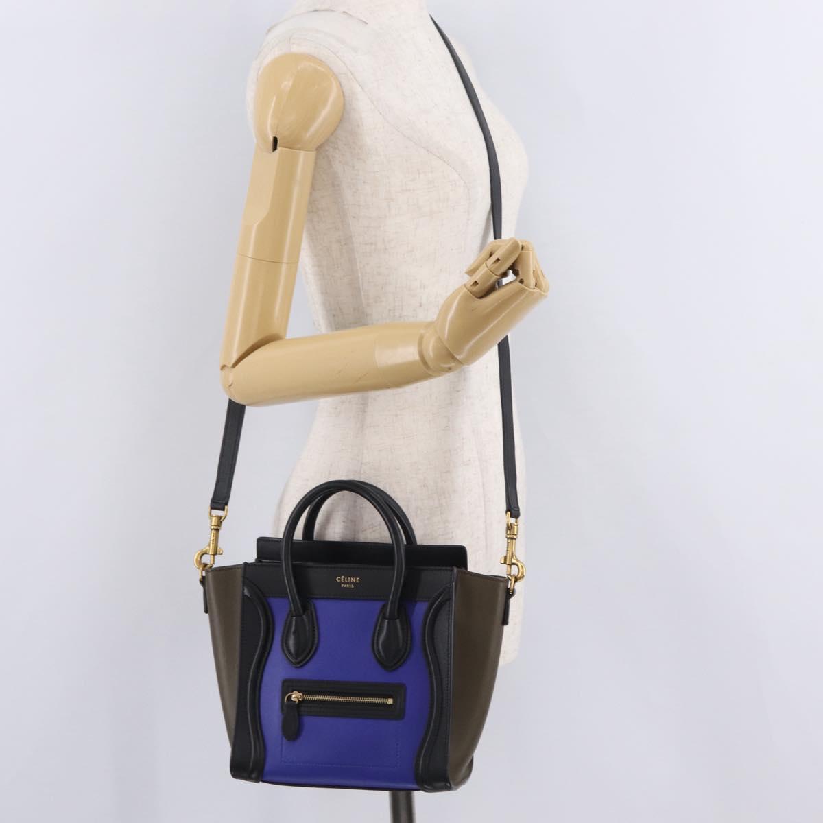 CELINE Luggage Nano Hand Bag Leather 2way Blue Gold Auth BA15855M
