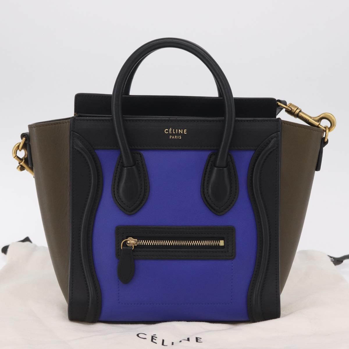 CELINE Luggage Nano Hand Bag Leather 2way Blue Gold Auth BA15855M