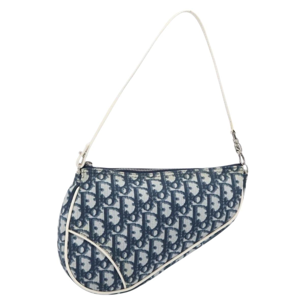 Christian Dior Trotter Canvas Saddle Pouch PVC Navy Silver Auth BA15861V