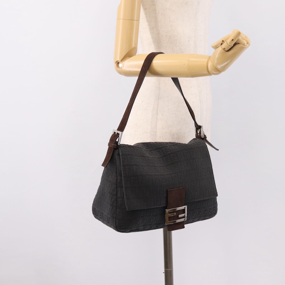 FENDI Zucchino Canvas Mamma Baguette Shoulder Bag Gray Silver Auth BA15868V