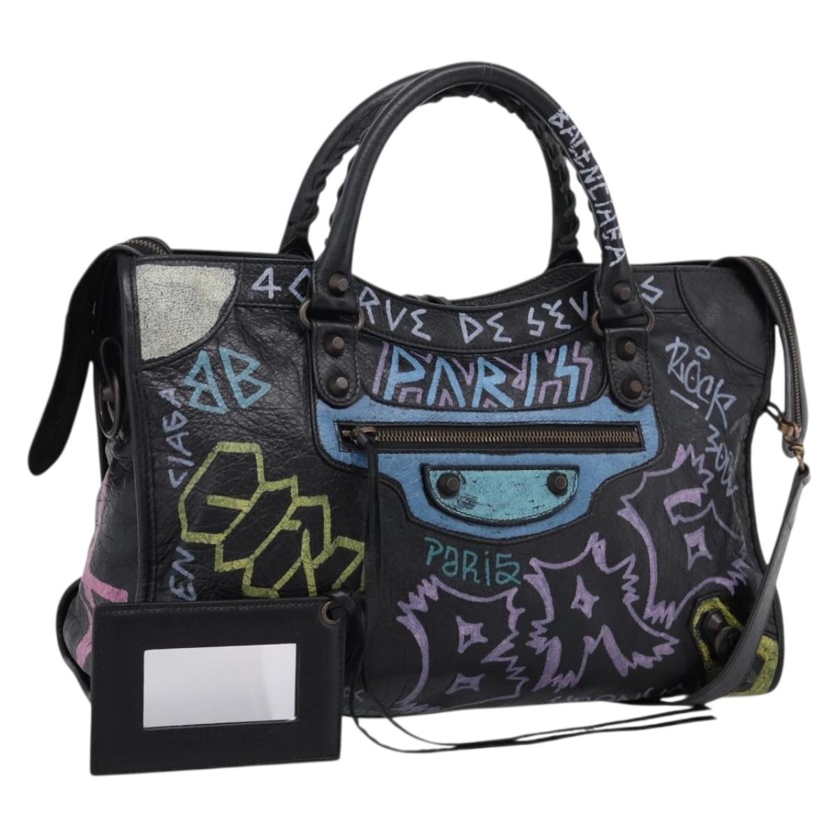 Balenciaga The City Graffiti Hand Bag Leather Black 115748 Auth BA15876M