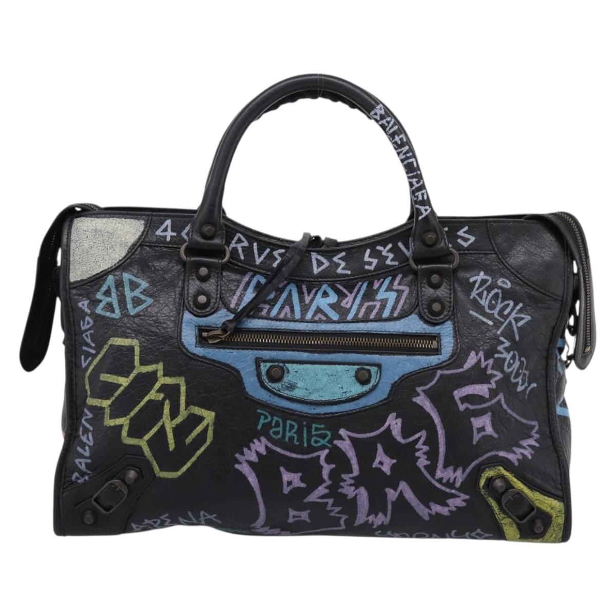 Balenciaga The City Graffiti Hand Bag Leather Black 115748 Auth BA15876M