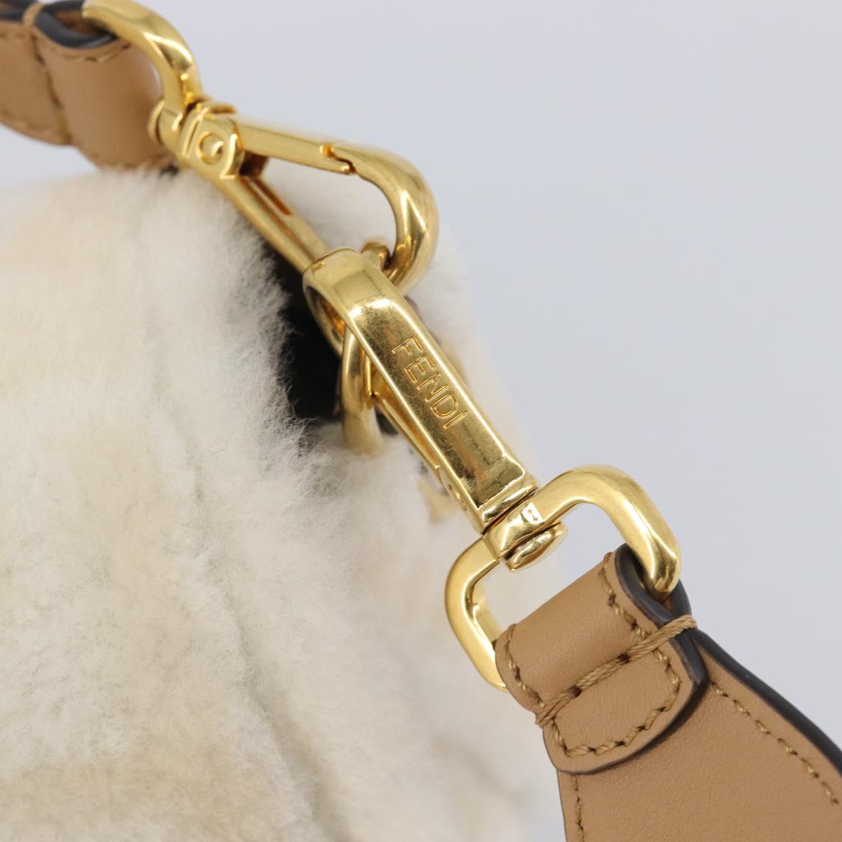 FENDI Zucca Canvas Mamma Baguette Shoulder Bag Fur 2way White Gold Auth BA15885M