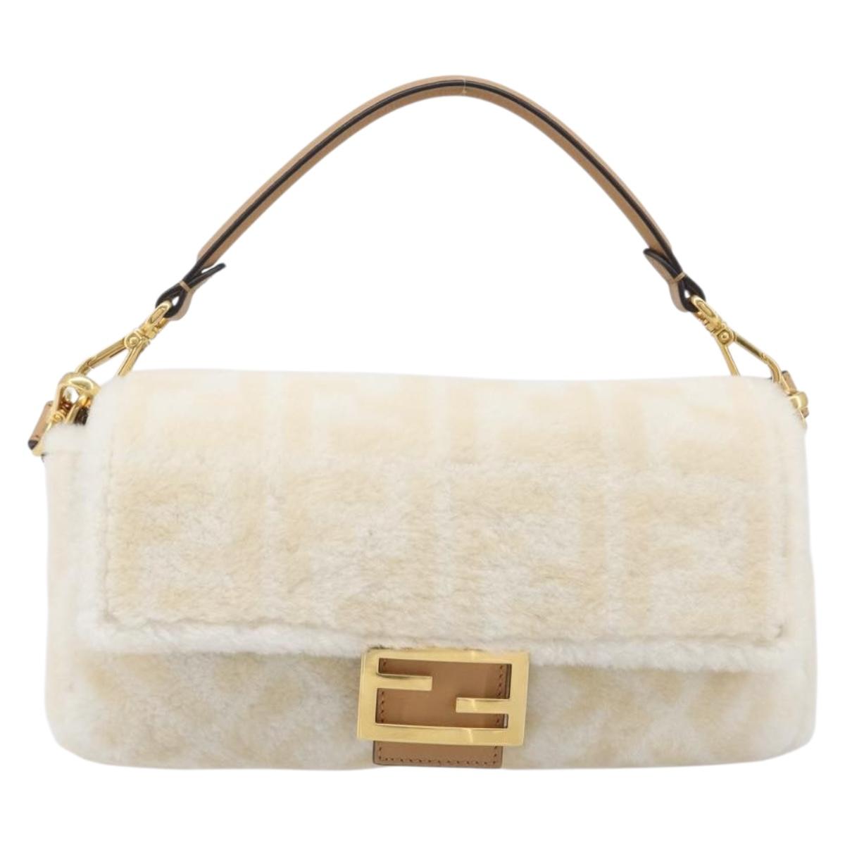 FENDI Zucca Canvas Mamma Baguette Shoulder Bag Fur 2way White Gold Auth BA15885M
