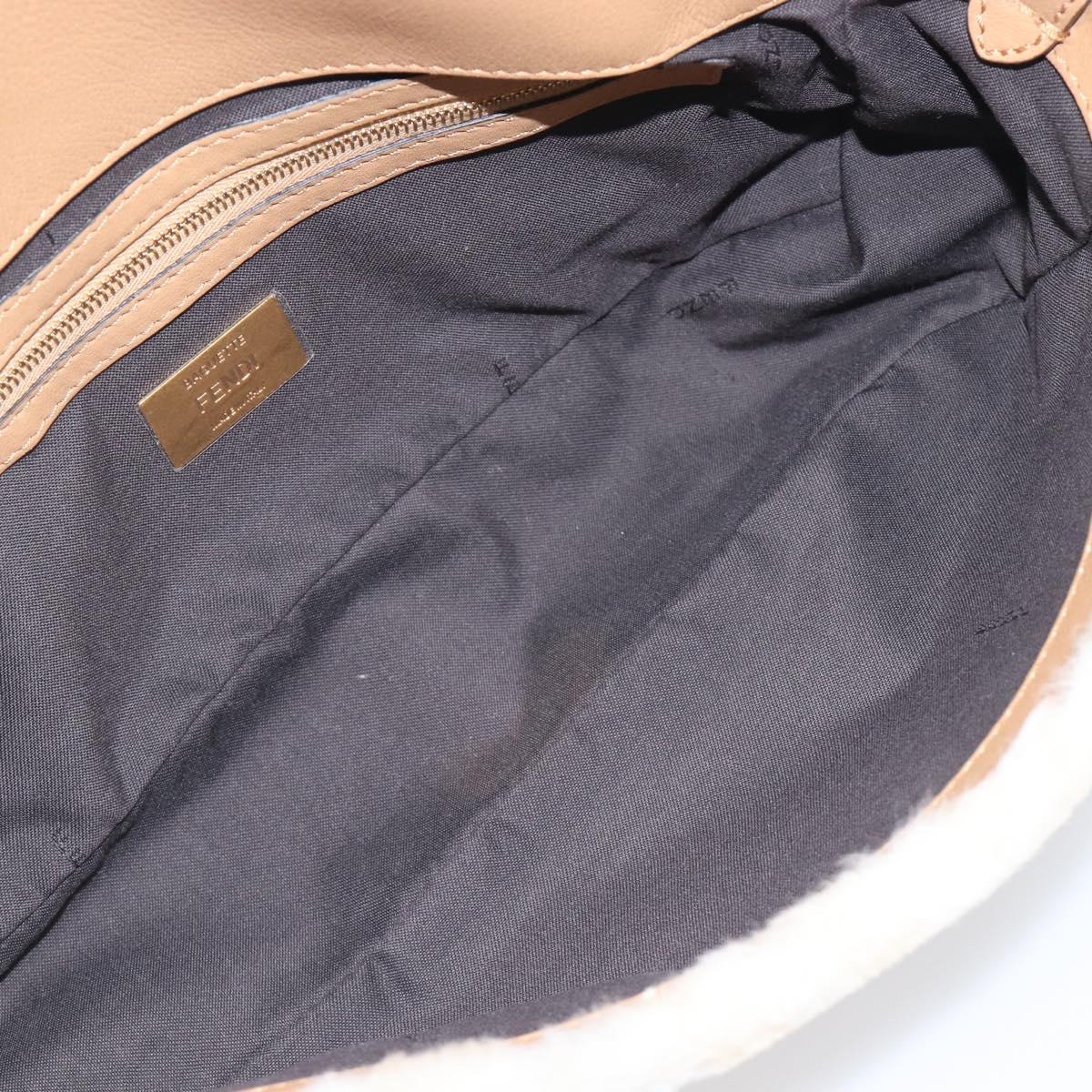 FENDI Zucca Canvas Mamma Baguette Shoulder Bag Fur 2way White Gold Auth BA15885M