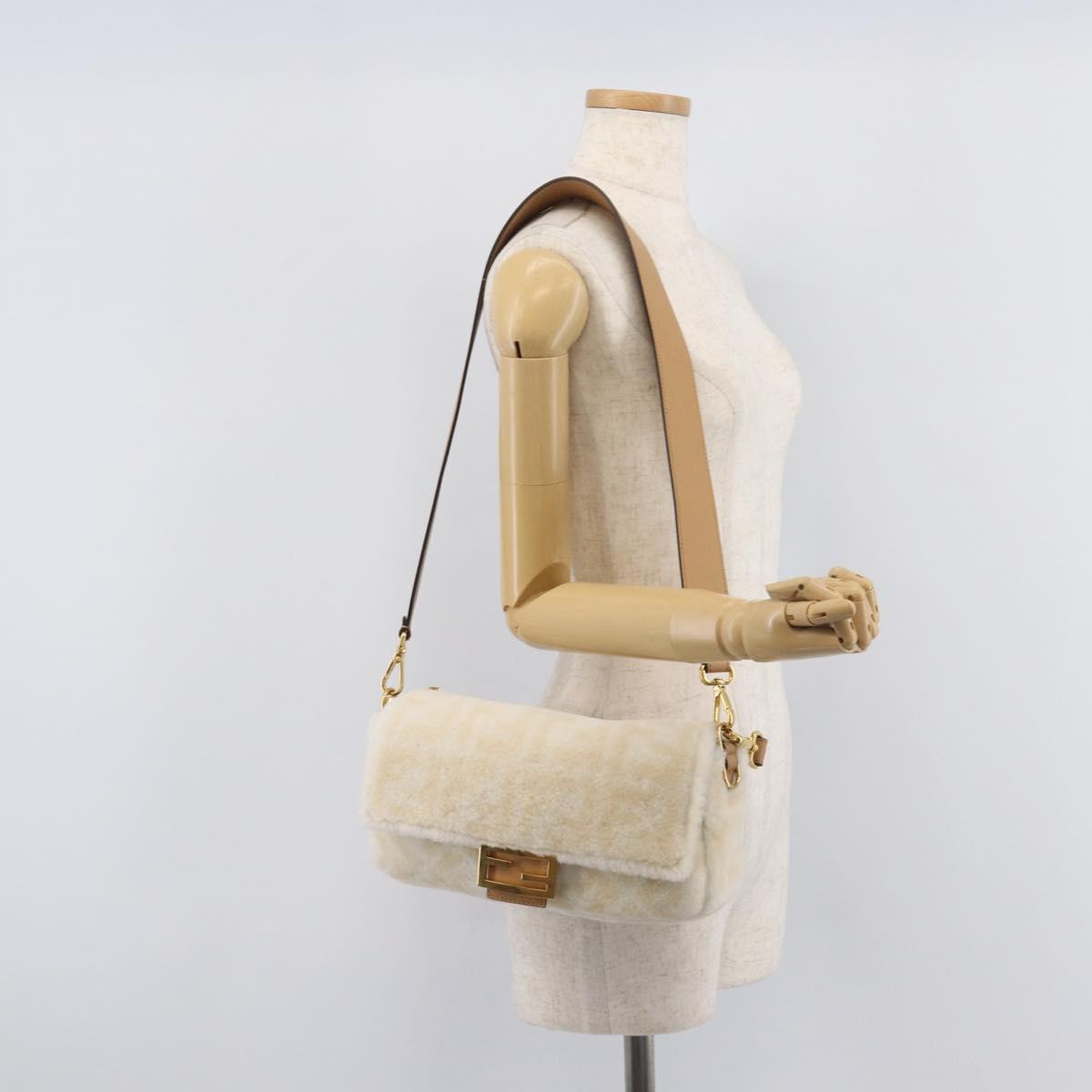 FENDI Zucca Canvas Mamma Baguette Shoulder Bag Fur 2way White Gold Auth BA15885M