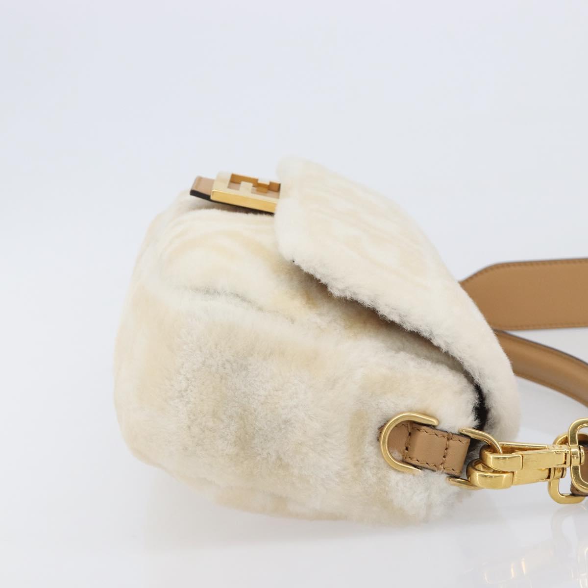 FENDI Zucca Canvas Mamma Baguette Shoulder Bag Fur 2way White Gold Auth BA15885M