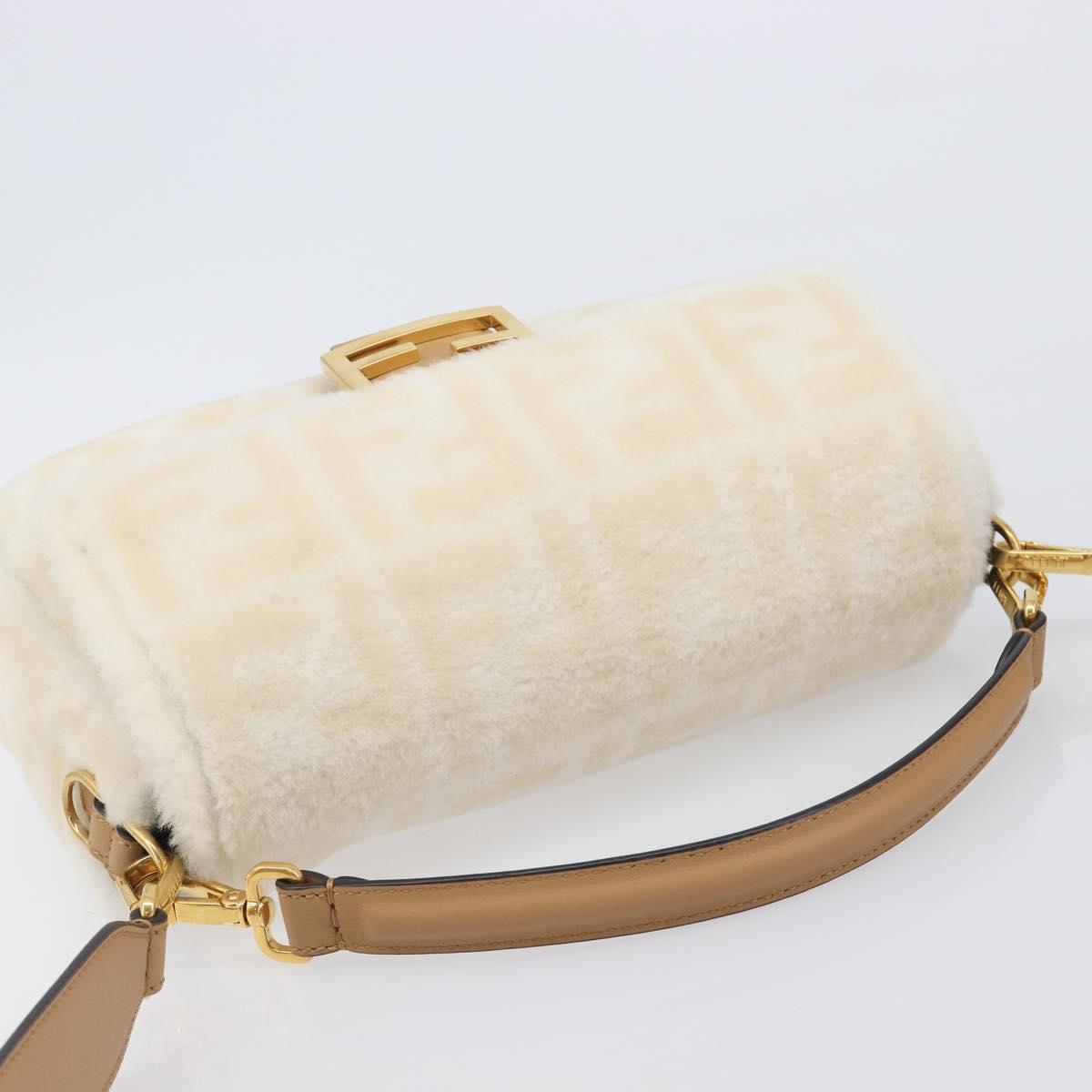 FENDI Zucca Canvas Mamma Baguette Shoulder Bag Fur 2way White Gold Auth BA15885M