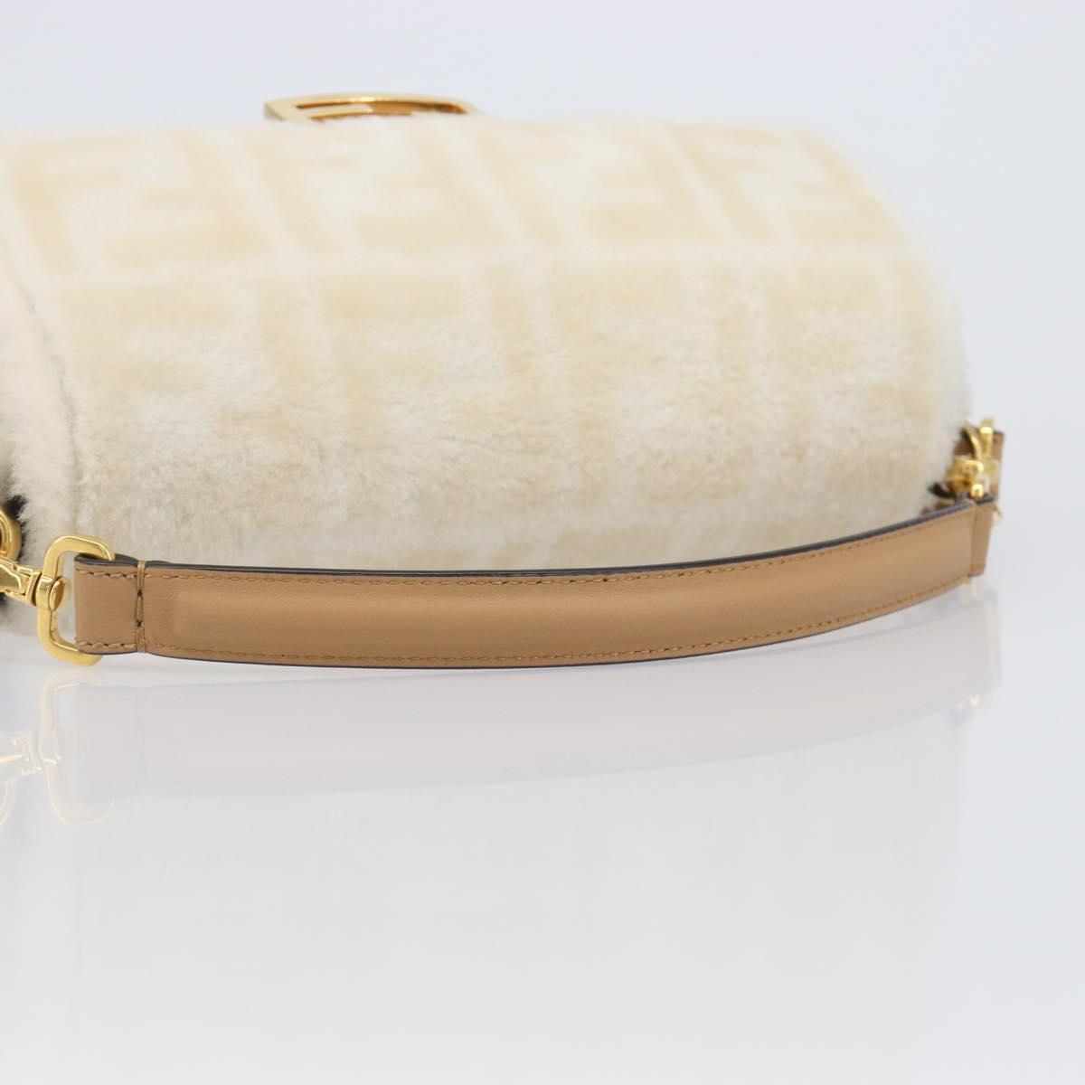 FENDI Zucca Canvas Mamma Baguette Shoulder Bag Fur 2way White Gold Auth BA15885M