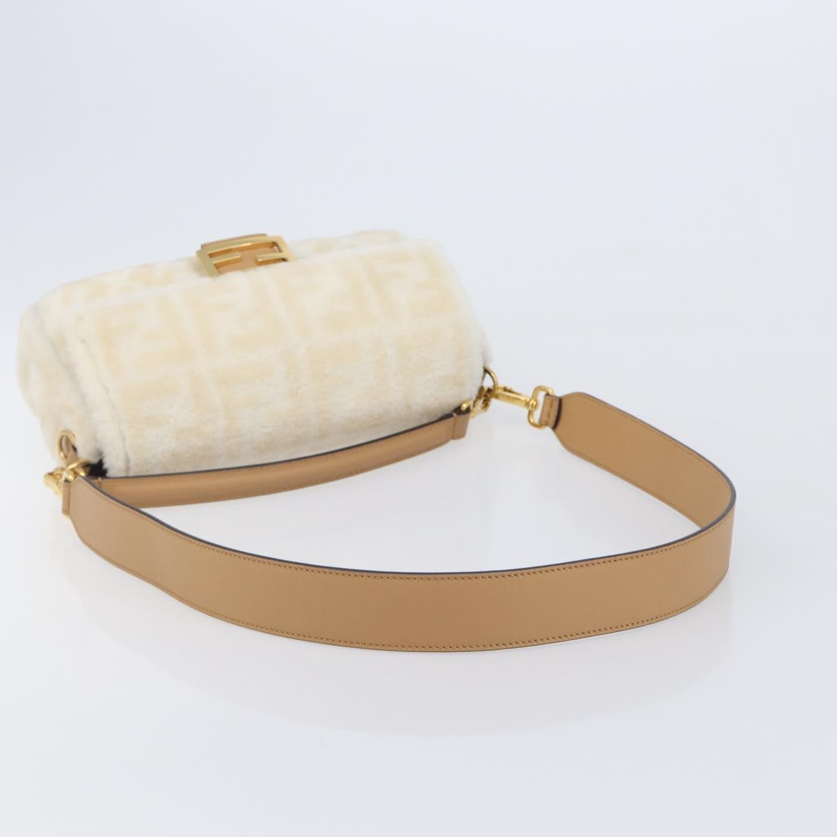 FENDI Zucca Canvas Mamma Baguette Shoulder Bag Fur 2way White Gold Auth BA15885M