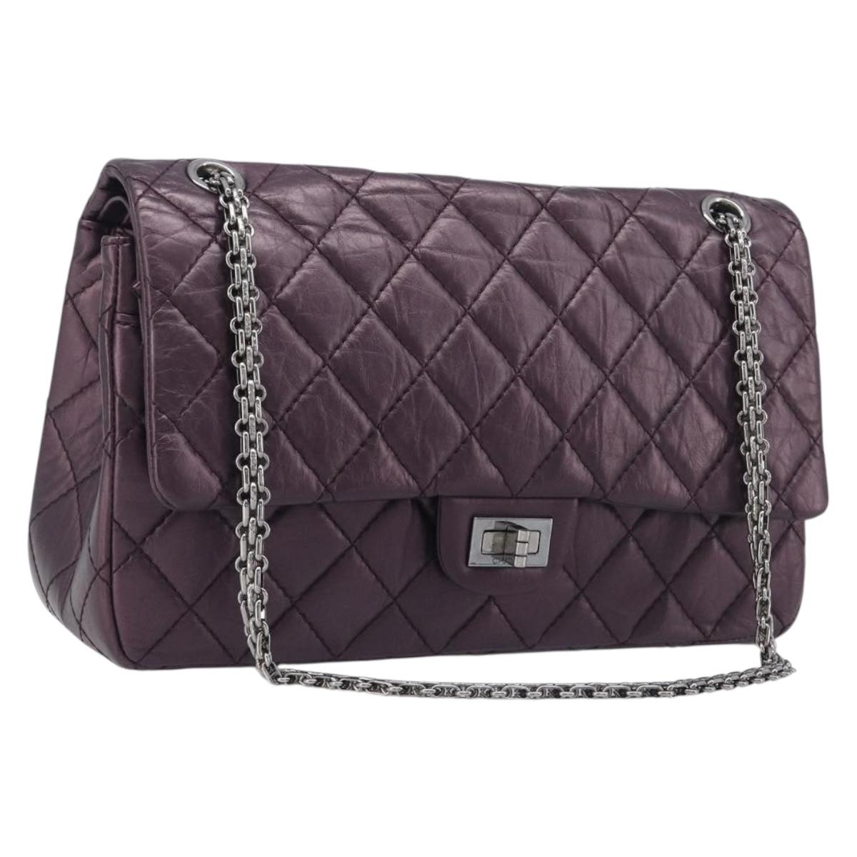 CHANEL 2.55 Matelasse Chain Bag Calf Skin Purple Silver CC Auth BA15887M
