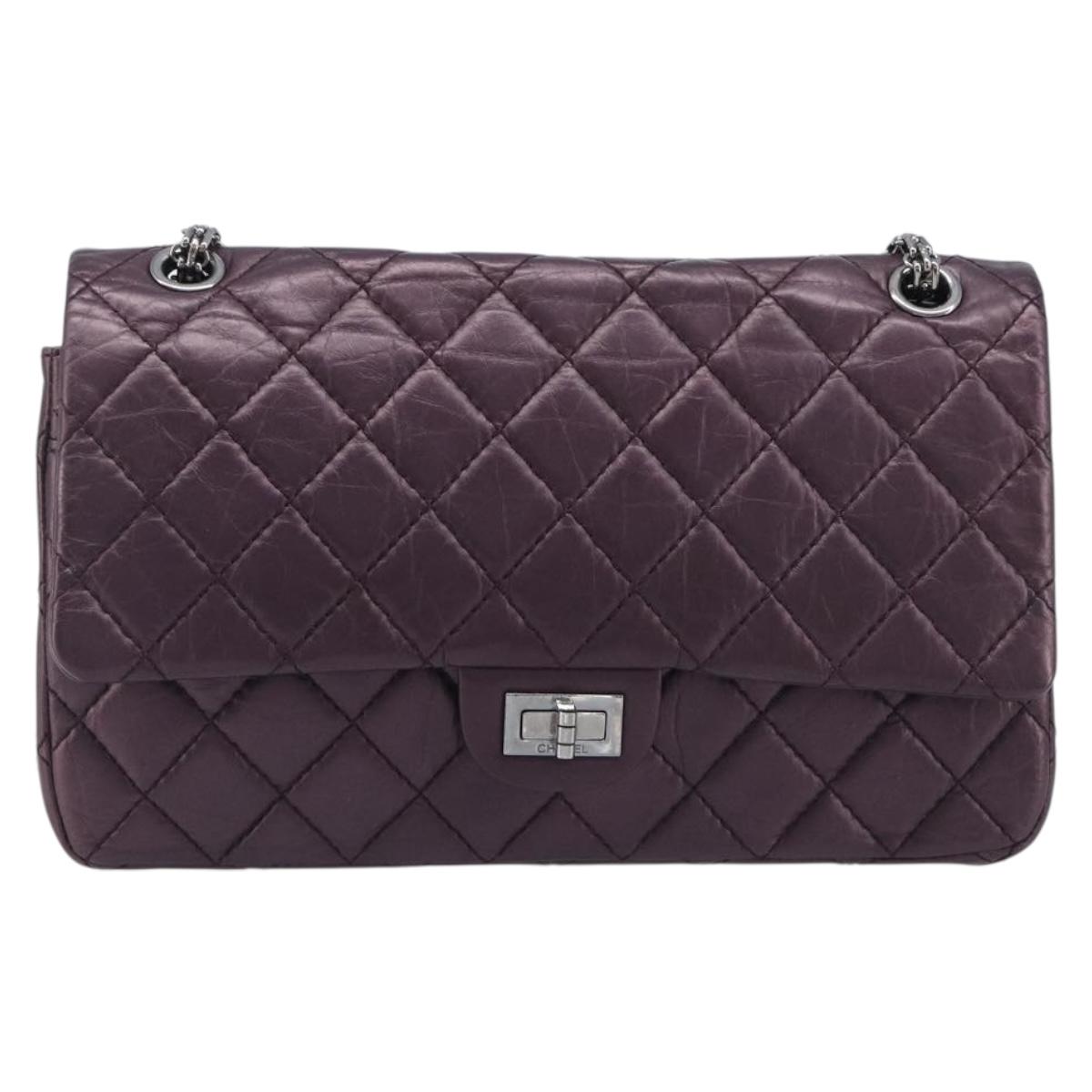 CHANEL 2.55 Matelasse Chain Bag Calf Skin Purple Silver CC Auth BA15887M