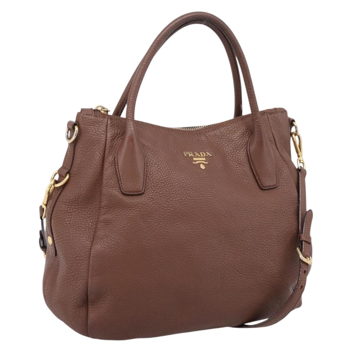 PRADA Hand Bag Vittero Dino Leather 2way Brown Gold Auth BA15889V