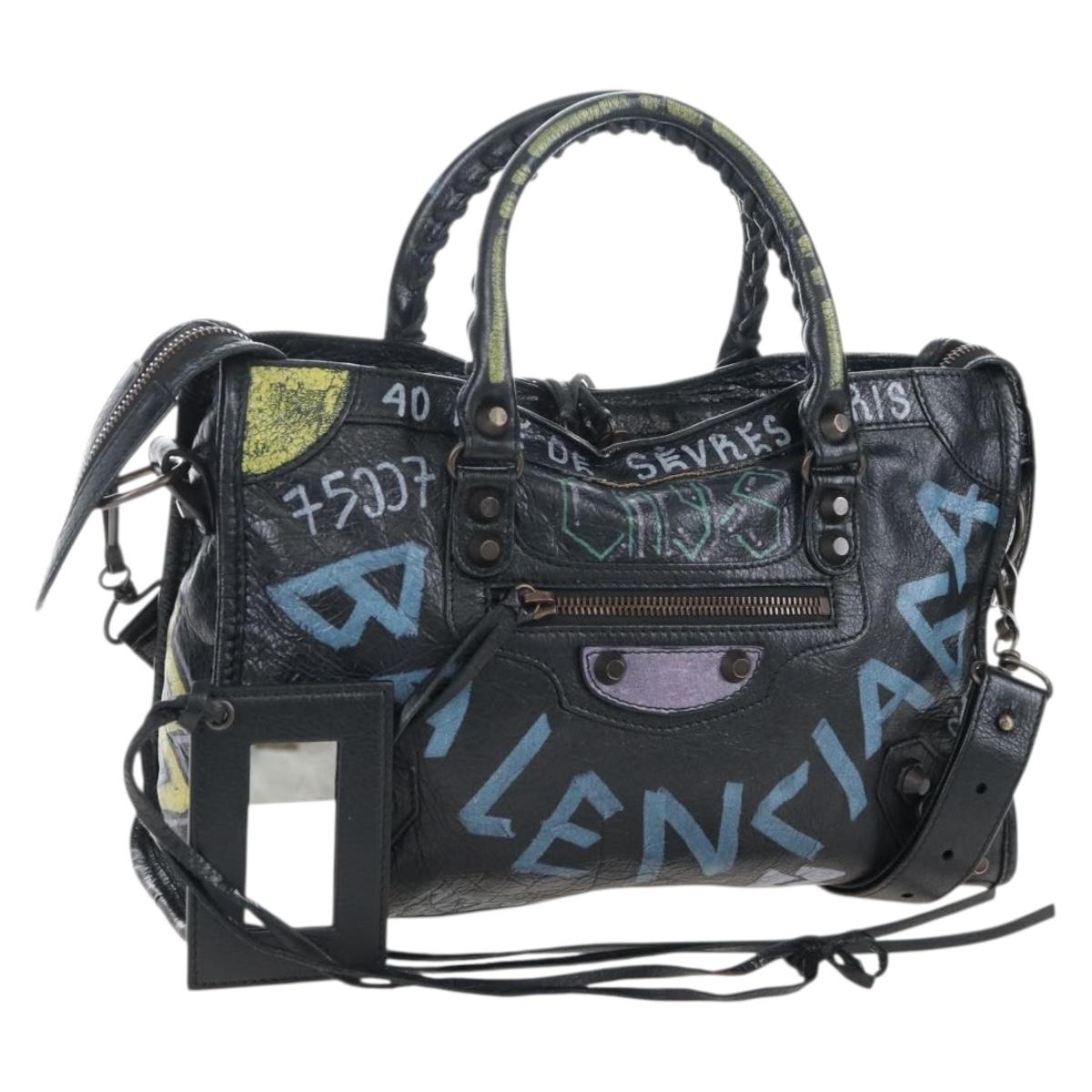 Balenciaga Classic City Graffiti Bag Leather 2way Black 431621 Auth BA15914M