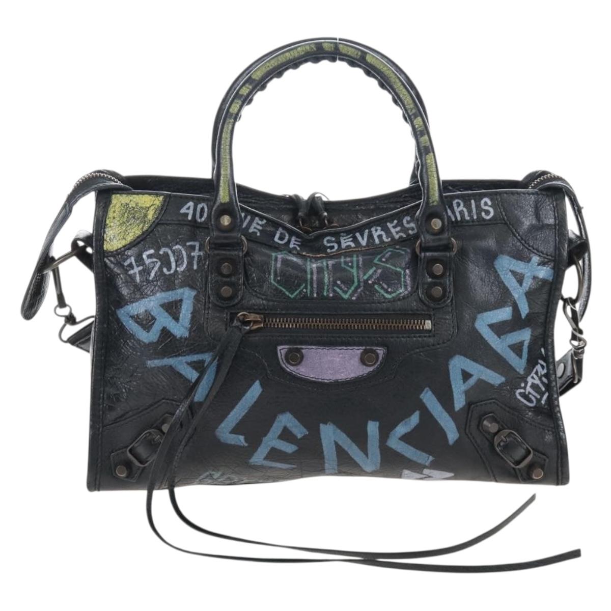 Balenciaga Classic City Graffiti Bag Leather 2way Black 431621 Auth BA15914M