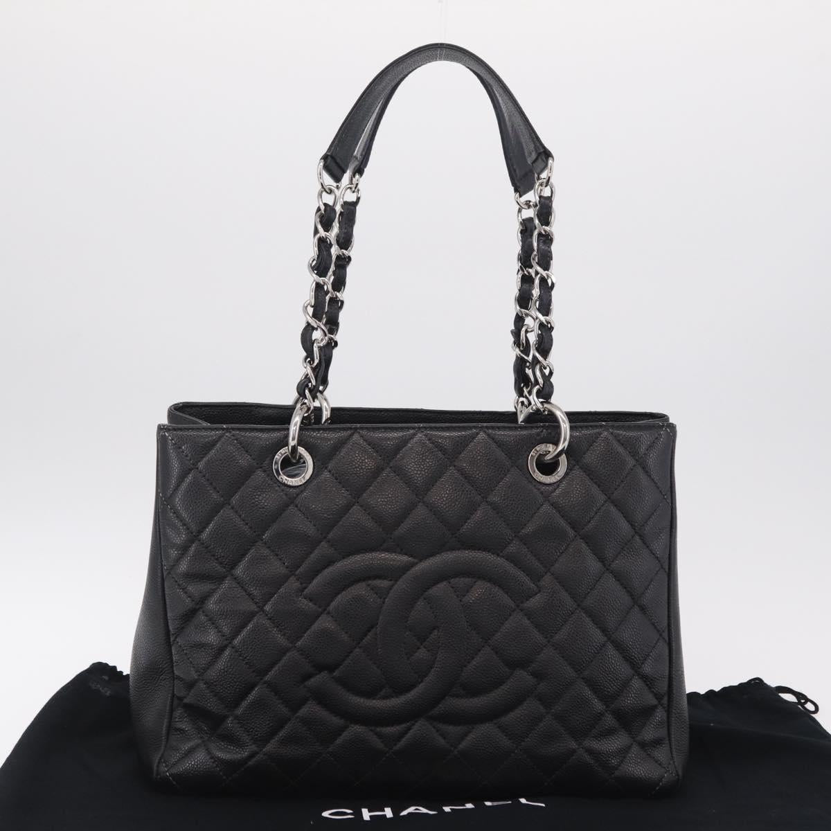 CHANEL Matelasse Chain Tote Bag Caviar Skin Black Silver CC Auth BA15924SAM