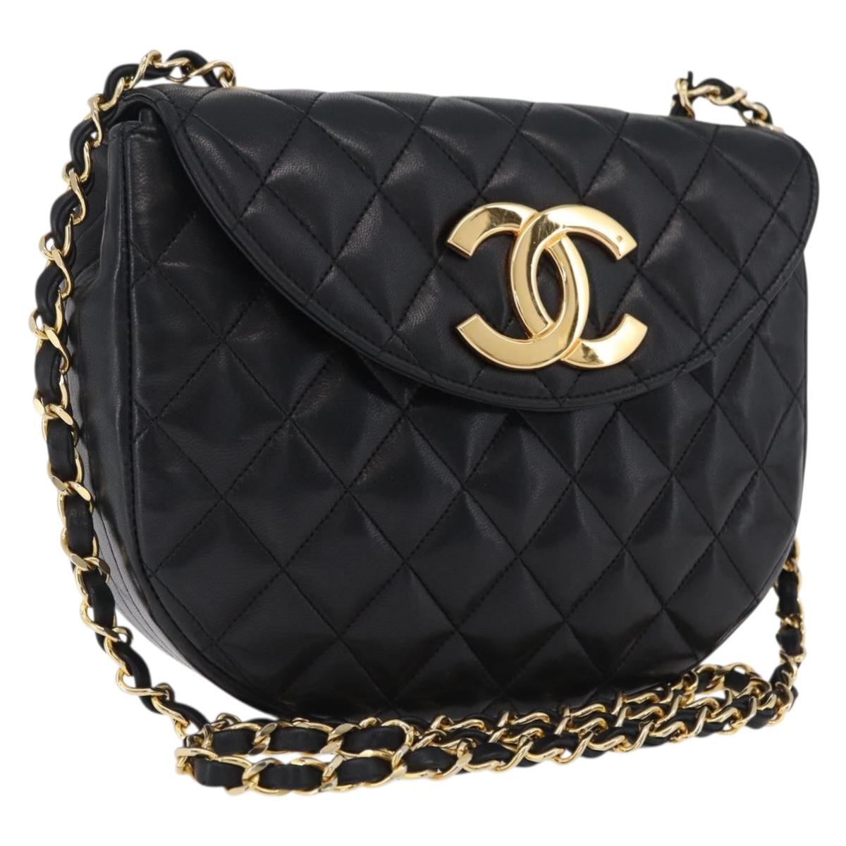CHANEL Matelasse Chain Shoulder Bag Lamb Skin Black Gold CC Auth BA15932V