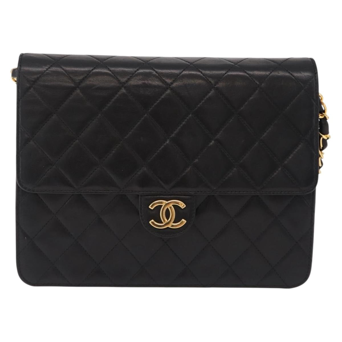 CHANEL Matelasse Chain Shoulder Bag Lamb Skin Black Gold CC Auth BA15934M
