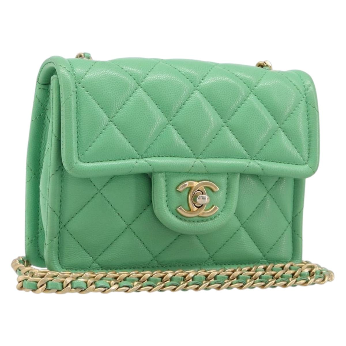 CHANEL Mini Matelasse 18 Chain Bag Caviar Skin Green Gold CC Auth BA15938SAM