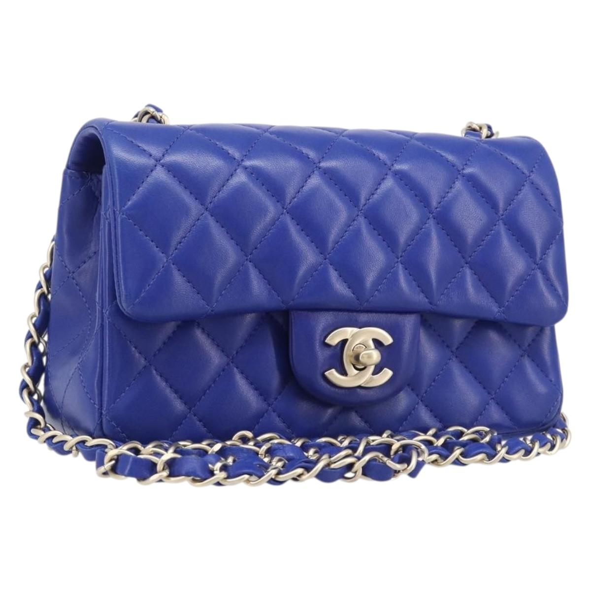 CHANEL Mini Matelasse 20 Chain Bag Lamb Skin Blue Gold CC Auth BA15939SAM