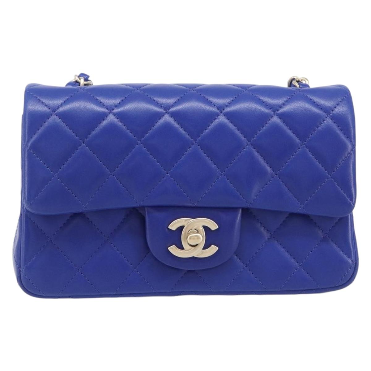 CHANEL Mini Matelasse 20 Chain Bag Lamb Skin Blue Gold CC Auth BA15939SAM