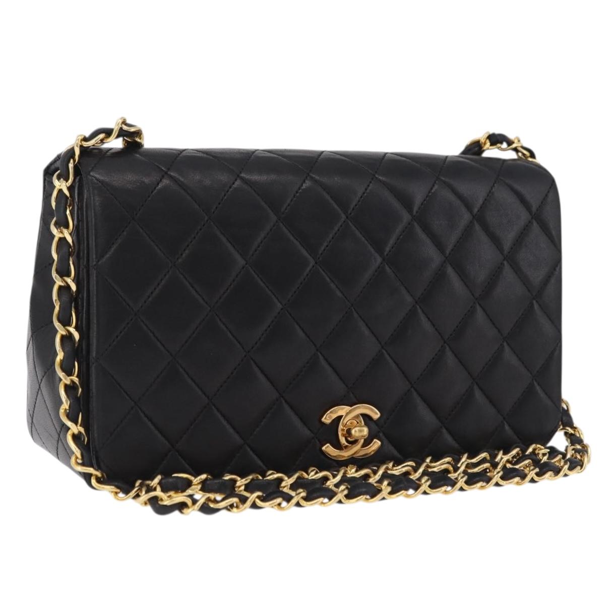 CHANEL Matelasse Chain Shoulder Bag Lamb Skin Black Gold CC Auth BA15942M