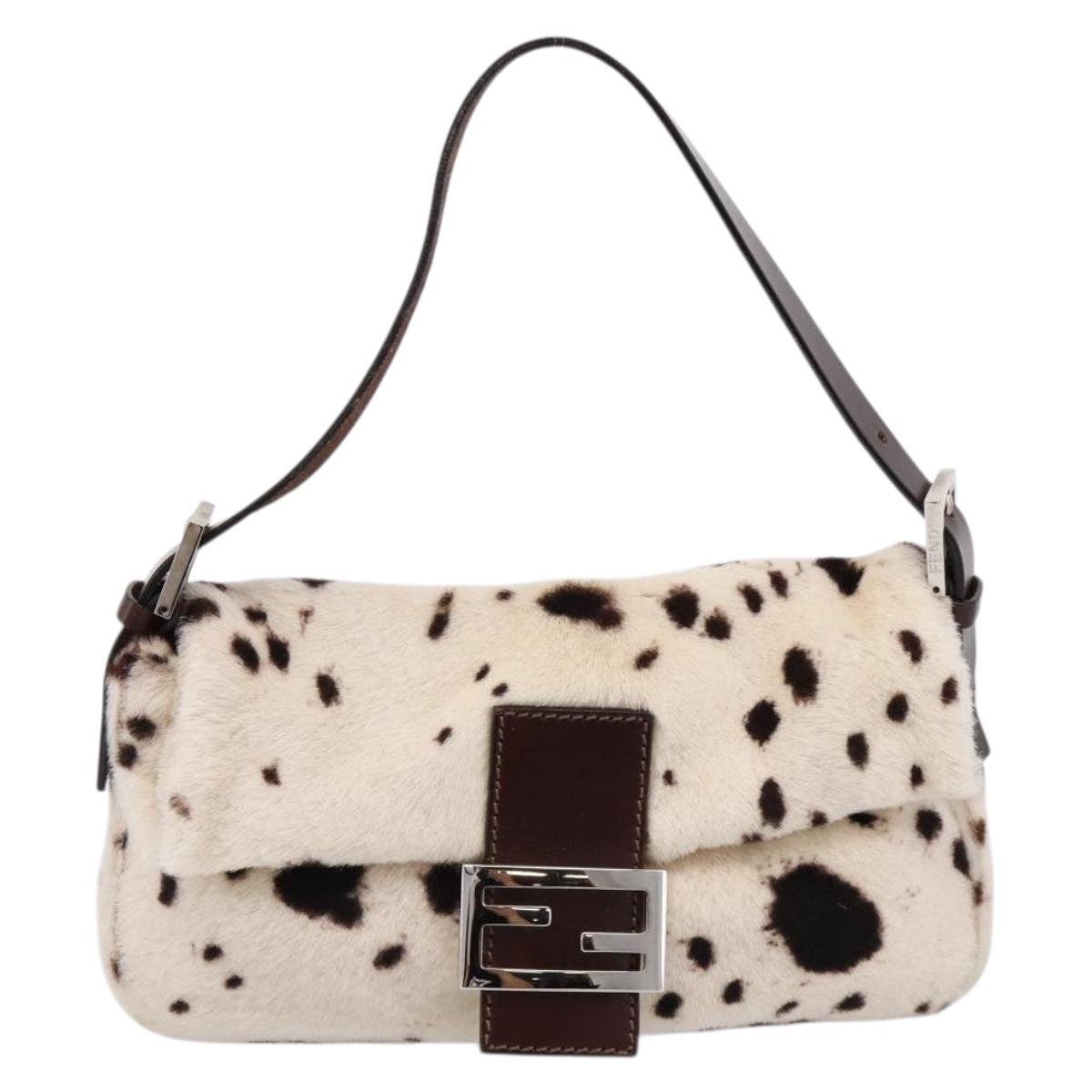 FENDI Mamma Baguette Shoulder Bag Fur Ivory Silver Auth BA15946SAM