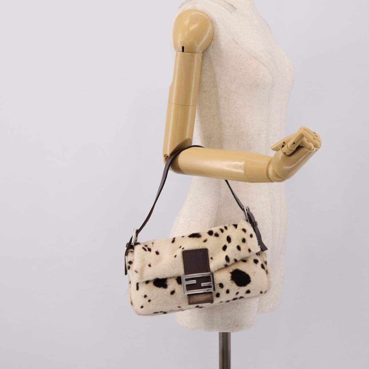 FENDI Mamma Baguette Shoulder Bag Fur Ivory Silver Auth BA15946SAM