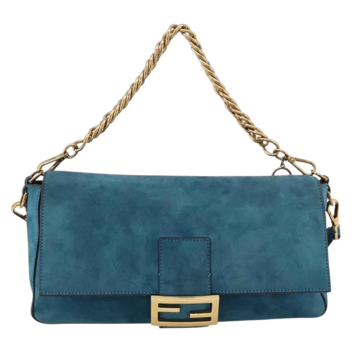 FENDI Chain Mamma Baguette Shoulder Bag Suede 2way Blue Gold Auth BA15949V