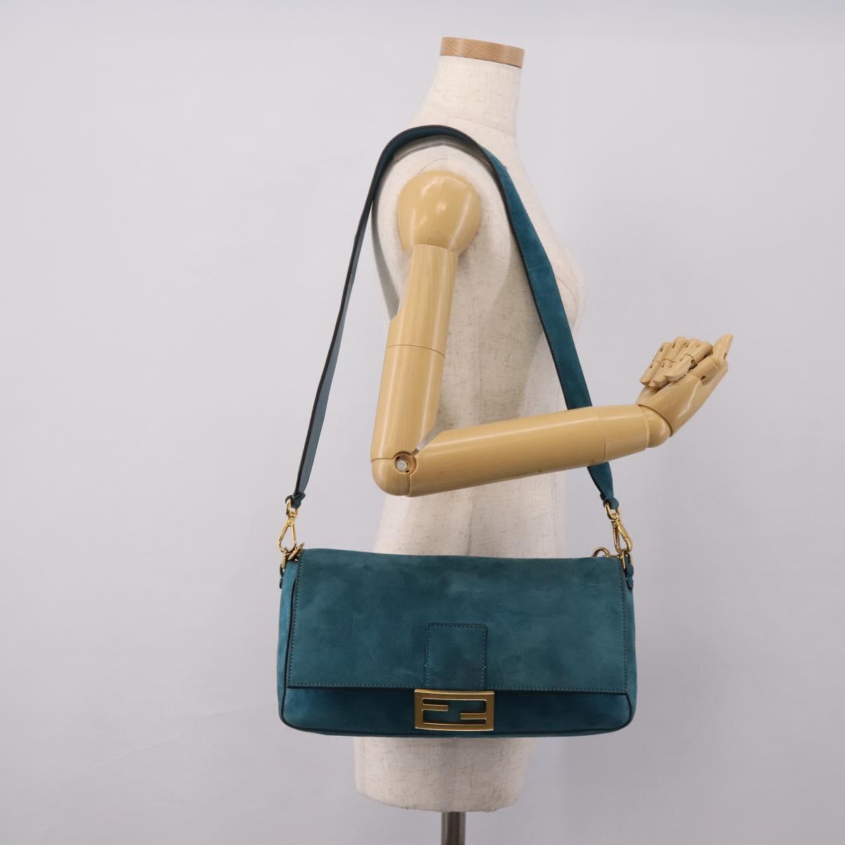 FENDI Chain Mamma Baguette Shoulder Bag Suede 2way Blue Gold Auth BA15949V