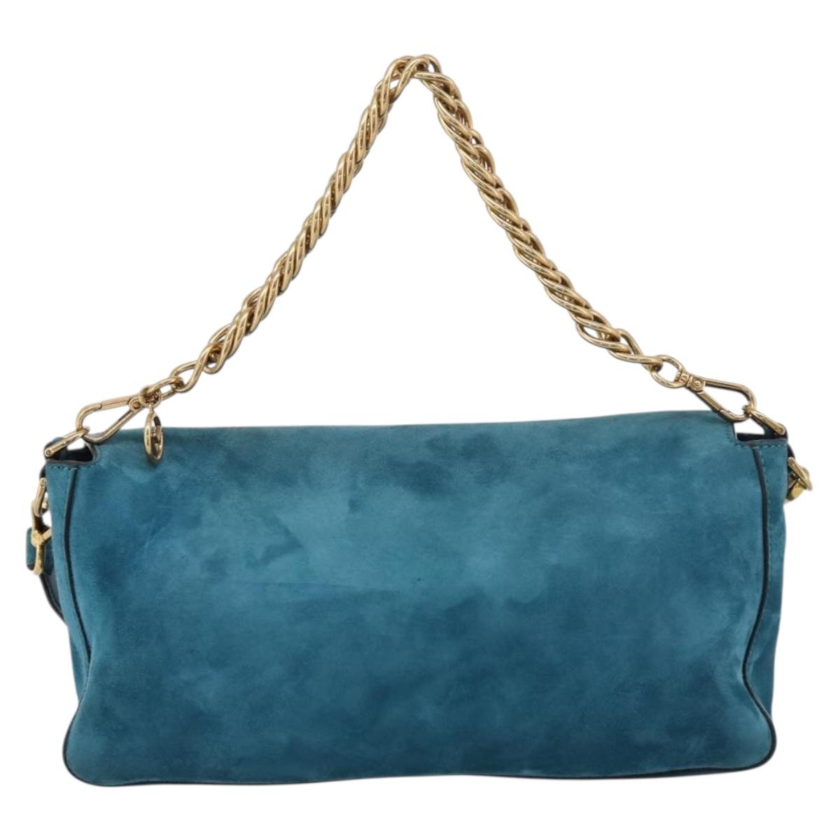 FENDI Chain Mamma Baguette Shoulder Bag Suede 2way Blue Gold Auth BA15949V