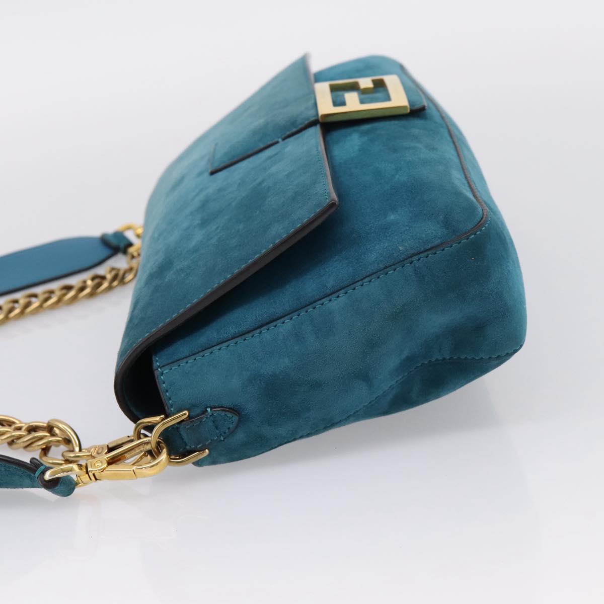 FENDI Chain Mamma Baguette Shoulder Bag Suede 2way Blue Gold Auth BA15949V