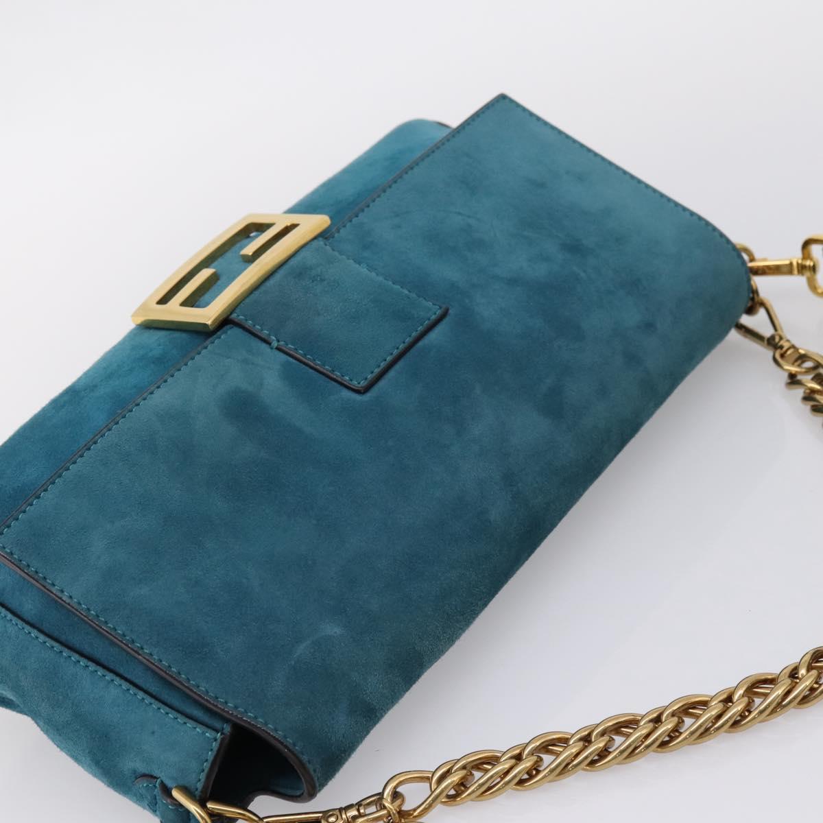 FENDI Chain Mamma Baguette Shoulder Bag Suede 2way Blue Gold Auth BA15949V