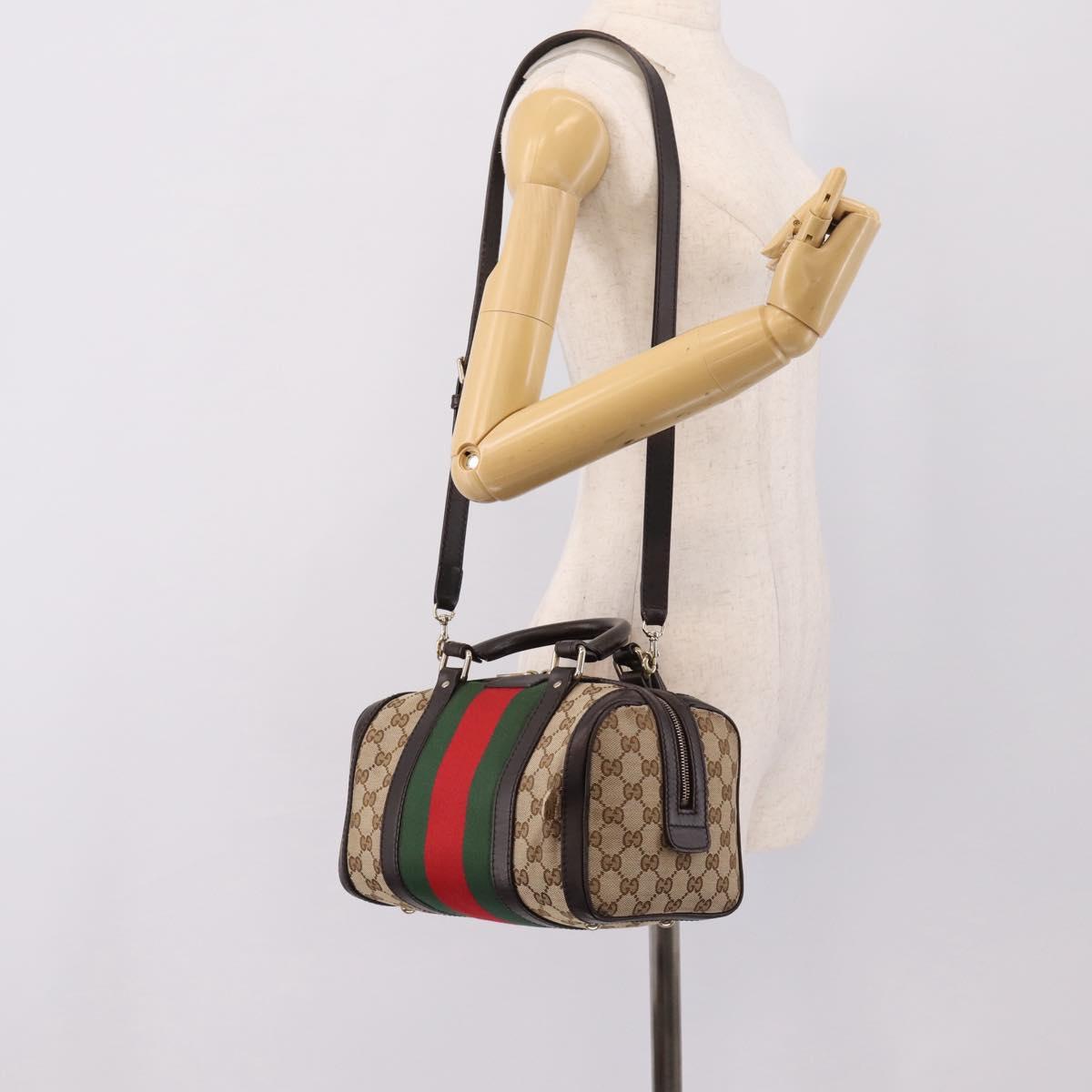 GUCCI GG Canvas Web Sherry Line Boston Bag 2way Beige Gold 269876 Auth BA15956A